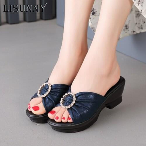 LISUNNY 2021 Summer Mid Heels Flip Flops Fashion Beach Shoes Woman Anti-slip Genuine Leather Sandals Women Slippers Shoe