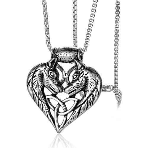 Punk Stainless Steel Double Wolf Head Heart Pendant Necklaces for Men Rock Jewelry Drop Shipping