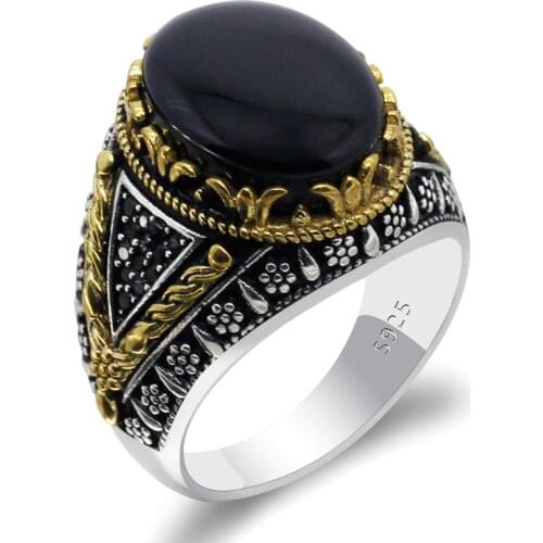 Black Natural Agate Stone Real 925 Sterling Silver Mens Ring Signet Ring For Male Handcrafted Turkish Jewelry Shofar Super Cool