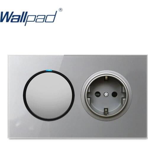 Wallpad EU Wall Socket Power Electric Outlet with 1 Gang 2 Way Light Switch Grey Crystal Tempered Glass Panel Frame 146*86mm