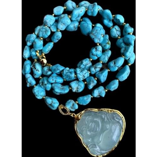 Natural 2strands Green Turquoise Freeform Shape Green Jades Carved Buddha Pendant 18" Necklace ethnic for women