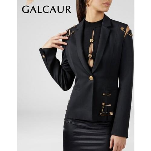 GALCAUR Streetwear Coat For Female Patchwork Metal Pin Buckle Lapel Collar Long Sleeve High Waist Slimming Womens Coat New