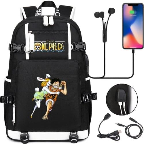 One Piece School Bags for Teenagers Casual Backpack Unisex Student Cartoon USB Travel Laptop Shoulders Bags Zipper Bookbag