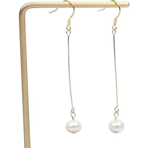 Free shipping solid 925 silver hook gold high quality simple jewelry women real natural pearl beads hanging earring lady girl