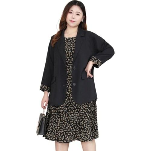 Spring Autumn Extra Plus Size Women Dress Suits Spliced Three Quarter Sleeve Blazer Jacket Summer Tank Print Dress 2 Pece Sets
