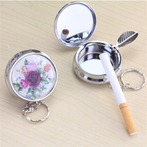 Creative Pocket Ashtray Fashion Round Cigarette Ashtrays Keychain Stainless Steel Flower Printed Outdoor Ashtray Smoking Tray