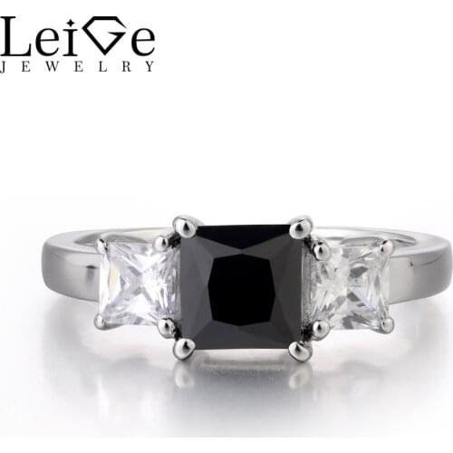 Leige Jewelry Genuine Natural Black Spinel 925 Sterling Silver Ring Princess Cut Black Gemstone Anniversary Wedding Bnad
