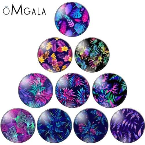 Purple Tropical Leaves Patterns Illustrations 10mm/12mm/16mm/18mm/25mm Round Photo Glass Cabochon Demo Flat Back Making Findings