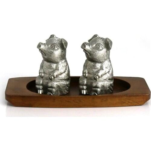 Oriental Pewter - Pewter Condiments Set - Salt & Pepper Caddy Set, Set of 3, Pig Shaped, Pure Tin 97% Lead-Free Made in Thailand