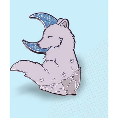 Glitter Shiny Blue Moon Wolf Enamel Brooch Pin Backpack Hat Bag Collar Lapel Pins Badges Women Mens Fashion Jewelry Accessories