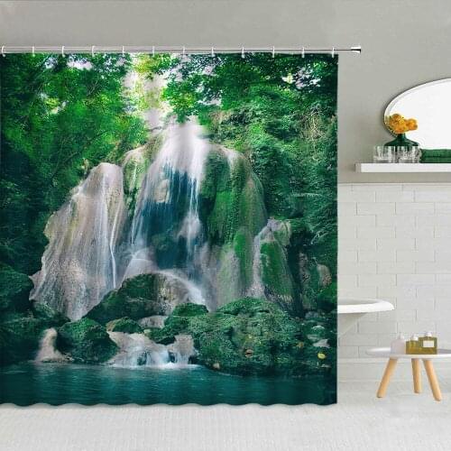 Waterfall Shower Curtain Nature Landscape Mountain Forest Polyester Fabric Bathroom Supplies Home Decor With Hook Cloth Curtains
