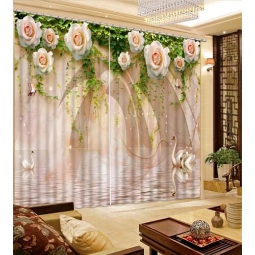 Luxury 3D Window Curtain living room Shower Hooks Swan Marble Green Leaves Rose Flower Curtains blackout Tapestry Custom size