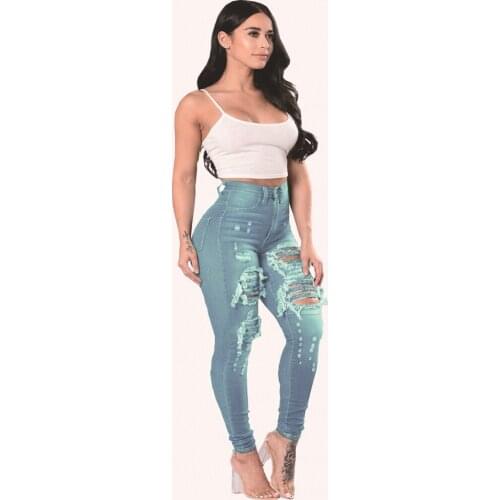 Womens Jeans High Waist Stretch Skinny Denim Trousers Blue Ripped Washed Hollow Out Sexy Elastic Slim Pencil Pants Oversize