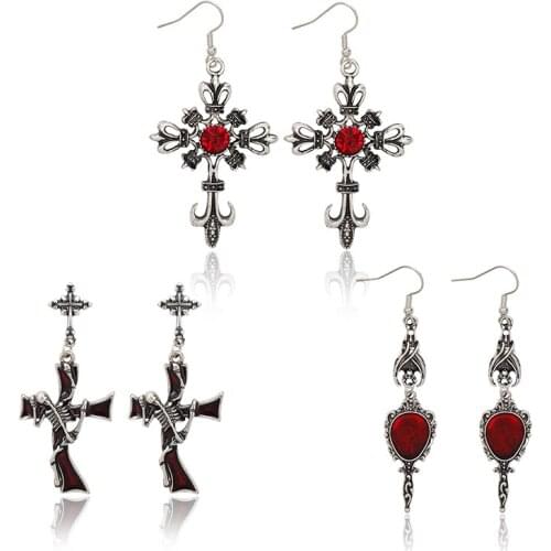 Skull Cross Upside Down Bat Red Blood Drop Punk Earrings серьги 2021 Trend Long Hanging Earrings Women Jewelry Stud Earrings