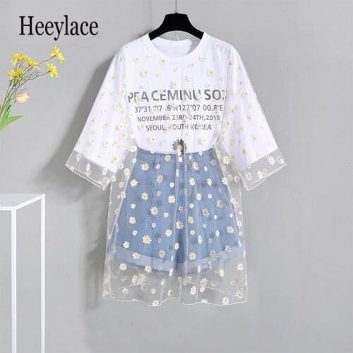 Plus Size Korean Sweet Summer Two Pieces Sets For Women Daisy Print Mesh Patchwork T-shirt And Denim Shorts Sets Casual Outfits