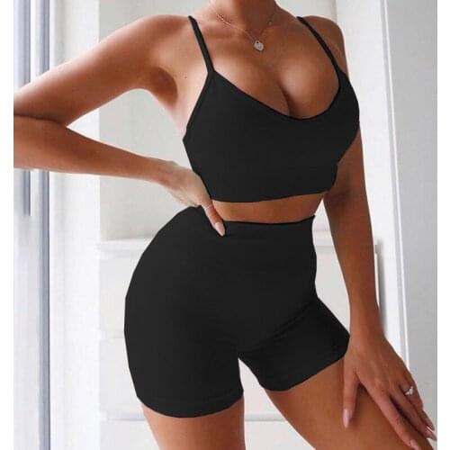 Women Sleeveless Summer Sport Set Low Chest Sling Crop Slim Top Shirt High Waist Elastic Band Short Pant Set For Workout Fitness