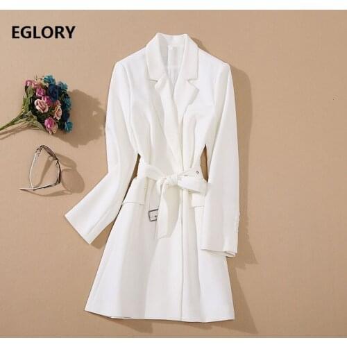 High Quality Brand Blazer Dress 2020 Autumn Winter Business Women Notched Collar Belt Patchwork Long Sleeve White Dress Blazers