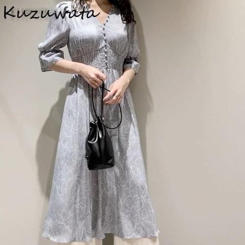 Kuzuwata V Neck Long Sleeve Slim Pullover Dress Women Vintage Print High Waist Hip A Line Long Vestidos Spring 2021 New Robe