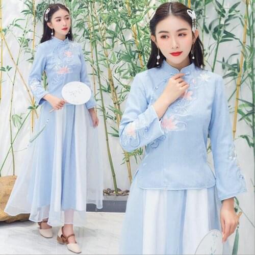 Winter girl improved cheongsam Chinese vintage traditional style boudoir tang maxi skirt tea art suit jacket+skirt student class