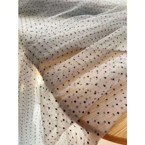 1 yard Grey Soft Tulle Fabric With Black Velvet Polka Dots