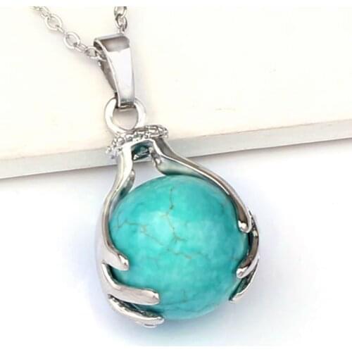 100-Unique 1 Pcs Silver Plated Green Howlite Stone Round Beads Hand Shape Pendant Jewelry for Necklace Link Chain