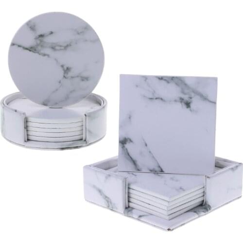 6pcs/set Marble Leather Round Square Drink Coasters Placemat Cup Mat Pad Holder Kitchen Tableware
