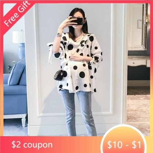 Polka Dot Printed Maternity Blouses Spring Summer Korean Fashion Loose Shirt Clothes for Pregnant Women Pregnancy Tunic Top