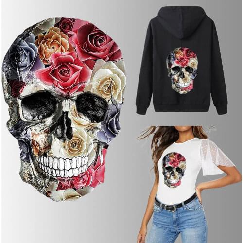 Rose Flower Skull Iron On Patches For Clothing Heat Transfer Vinyl Thermal Stickers Transfert Tthermocollants T-Shirt DIY Patch