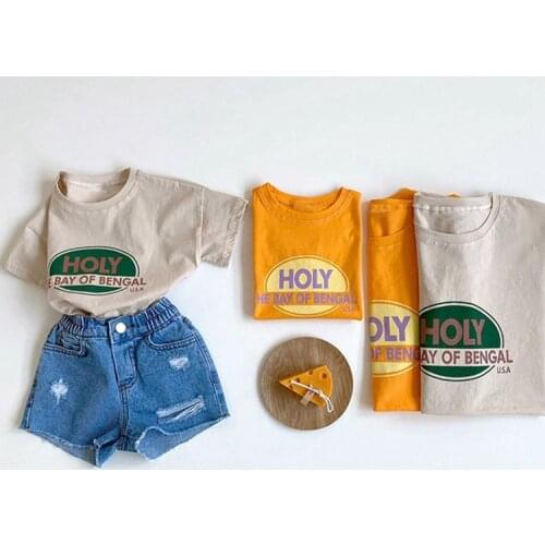 2021 childrens summer new top simple and fashionable letters loose cotton casual short sleeves for boys and girls