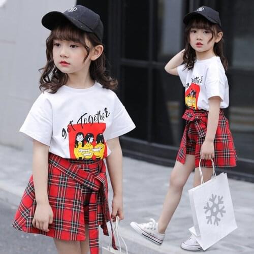 Teenage Korean Little Girs Cute Clothing 2021 Summer Childrens Cotton Short Sleeve Top + Plaid Skirt Two-piece Set 4-12 Year