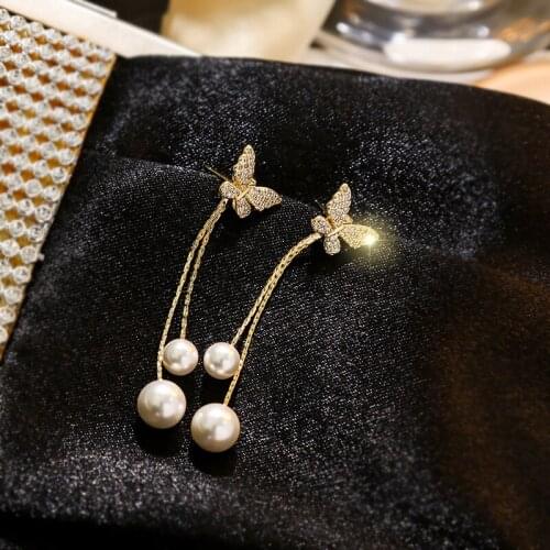 Exknl Butterfly Party Long Drop Earrings Women Wedding Fashion Gold Color Dangle Simulated Pearl Earrings For Women Jewelry