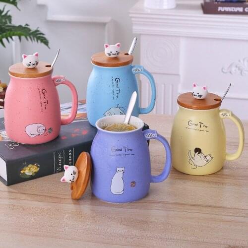 Color Cartoon Milk Coffee Ceramic Mug with Lid Spoon Cup Cute Cat Heat-resistant Cup Kitten Children Cup Office Gifts