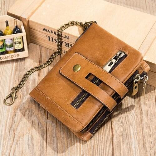 Newsbirds Fashion Mens RFID Handmade Wallet Men Leather Wallet Anti-theft Chain Wallets Soft Cow Leather Short Purse