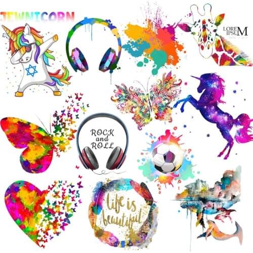 Cute Unicorn Patch Iron On Transfers For Clothing Colourful Butterfly Heat Transfer Cartoon Sticker Applique Iron On Patches DIY