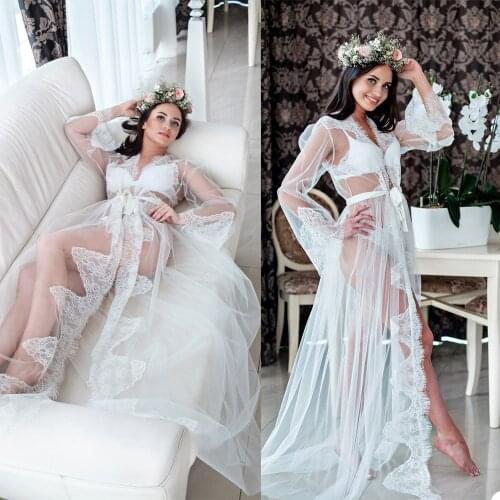 Fashion Elegant Custom Made Lace Robe Long Sleeve Gown With Belt For Photoshoot Deep V Neck Sexy Prom Party Nightgowns