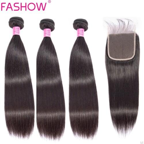 Fashow Indian Human Hair 3/4 Pieces Straight Bundles With Closure 4*4 Frontal Swiss Lace Natural Color Hair Remy Hair For Women
