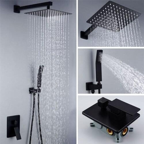 Bath Shower Faucet Set In-Wall/ Ceiling style Rain Fall Black Brass Shower Mixer Crane Tap 10" Shower Head with Copper handheld