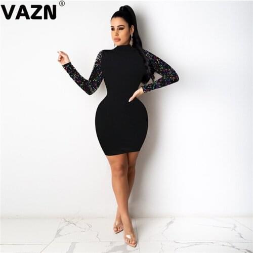 VAZN New 2020 Formal Party Night Shinny Bandage Dress Full Sleeve Sheath Dresses For Evening Robe Gowns Mini Dress
