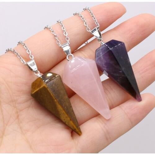 Natural Stone Pendulum Necklace Reiki Healing Faceted Crystal Tiger Eye Pendant Chokers Fashion Jewelry Cone Necklaces Female