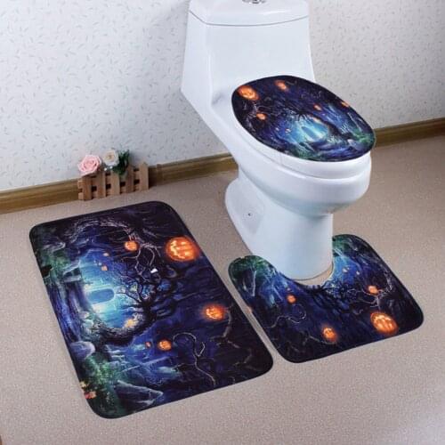 3pcs Halloween Scary U-Shaped Bathroom Foot Mats Non-Slip Toilet Cover Rug Pad Home Shower Halloween Decoration Floor Carpet Set