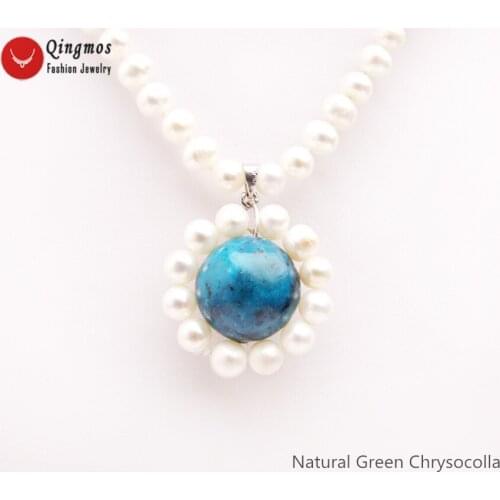 Qingmos 30mm Natural Pearl Pendant Necklace for Women with 6-7mm White Pearl Necklace & Green Chrysocolla Necklace Jewelry 17"