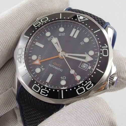 Luxury 41mm Black Sterile Dial Sapphire Glass GMT Automatic Rubber Luminous Ceramic Bezel Date Function Mechancial Mens Watch