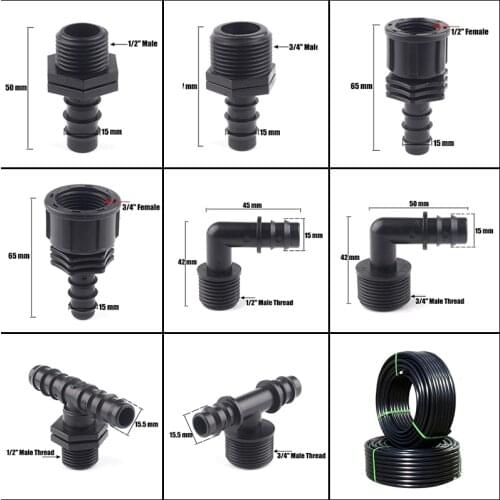 5Pcs 16mm PE Pipe Connectors 1/2'' 3/4'' Thread Garden Watering Hose Fittings Agricultural Irrigation Tee Straight Connector