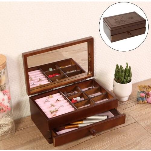 Vanity Top Wooden Jewelry Storage Box Watch Ring Organizer 2-tier for Women Gift