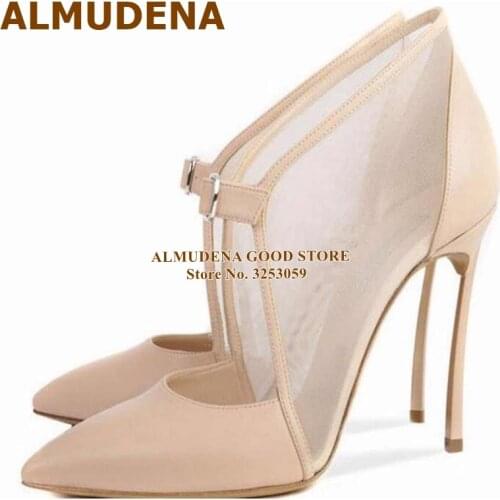 ALMUDENA Nude Black Blade Heel Dress Pumps Mesh Patchwork Banquet Shoes Pointed Toe Buckle Strap Stiletto Heel Sandals Dropship