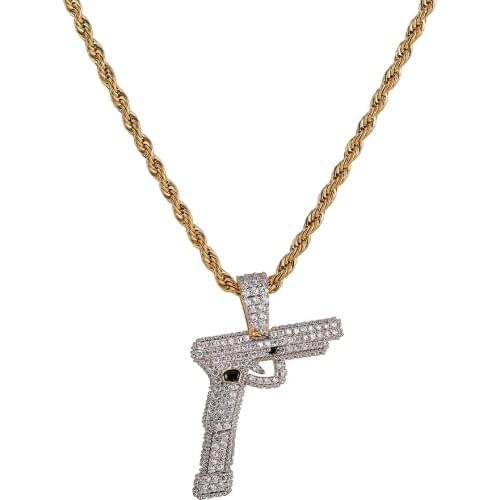 Hip Hop Micro Paved AAA Cubic Zirconia Bling Ice Out Automatic pistol Gun Pendants Necklaces for Men Rapper Jewelry Gold Color