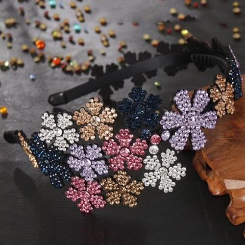 Vintage Color Flowers Head Wear Luxury Headband for Women Rhinestone Non-slip Border Girls Hairpin Fancy Hair Accessories Gift