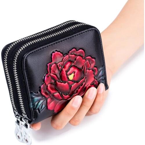 Female Card Holder Genuine Leather Double Zippers Floral Coin Multifunction Wallet Women Purse Flower Luxury Brand Gift Girls