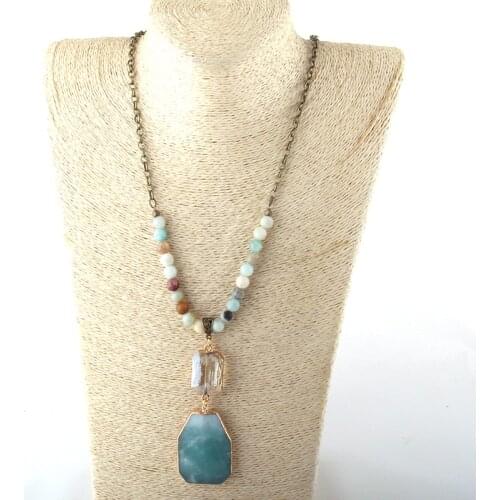 Fashion Bohemian Jewelry 8mm Stone/Chain Rectangle Crystal Link Handmake Drop Pendant Necklaces For Women Ethnic Necklace