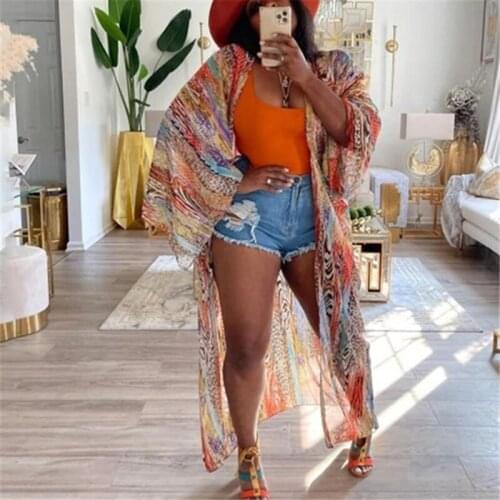 2021 Boho Bikini Cover-ups Bohemian Printed Plus Size Kimono Cardigan Chiffon Tunic Women Beach Wear Bathing Suit Cover Up A366